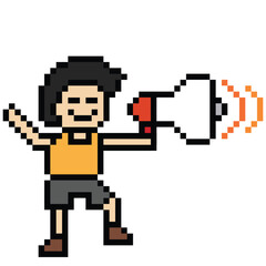 Obraz premium Cute pixel cartoon character man with megaphone announcement speaker information announce decoration 8 bit male boy megaphone cartoon pixel game png vector.