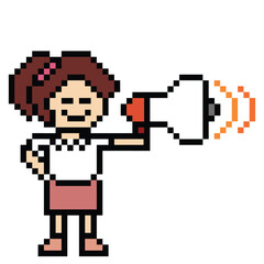 Fototapeta premium Cute pixel cartoon character woman with megaphone announcement speaker information announce decoration 8 bit female girl lady megaphone cartoon pixel game png vector.