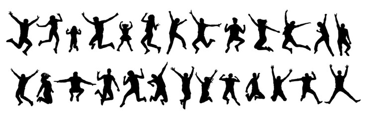 Silhouettes of jumping people jumping in various poses, set. Vector illustration