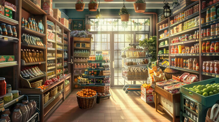 Vintage grocery shopping capturing natural lighting and dynamic movement, highly detailed and vibrant, realistic yet creative depiction, emphasizing context and action