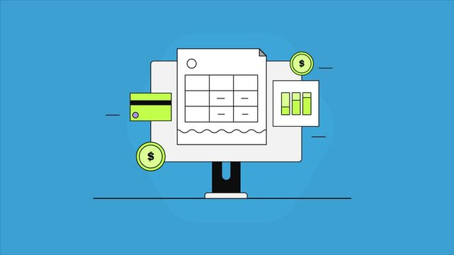 Business accounting software, Business audit, Income tax payment, Tax calculation, Paying bills, Online invoice, Animation video clip.