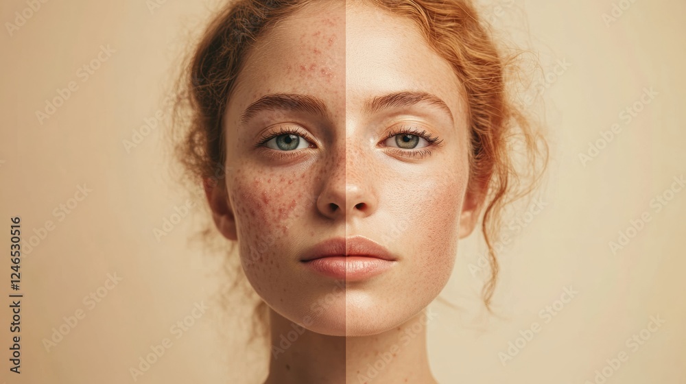 Aufkleber split face comparison highlights acne and smooth skin for skincare analysis and discussion. generati