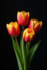 Obraz premium delicate tulips in shades of red and yellow against a dark background, black backdrop, centerpieces