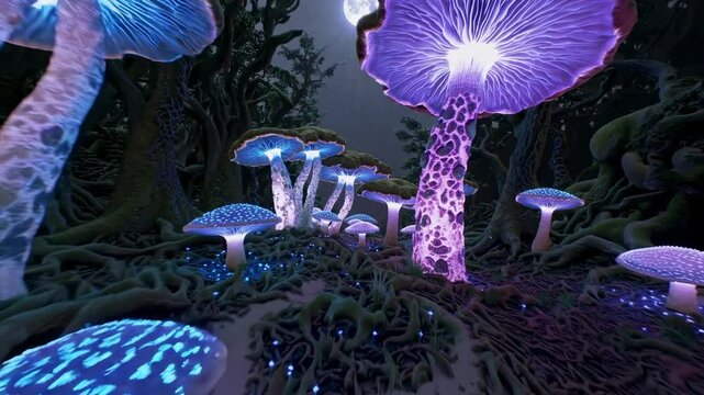 Enchanted forest with glowing mushrooms illuminated by moonlight at night