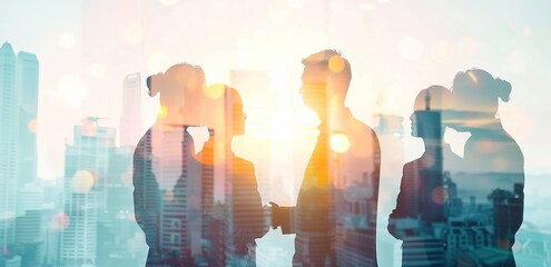 Double exposure of a diverse group of business professionals with a light blue cityscape backdrop. Abstract business concept blending urban environment with people, with soft light rays and shadow