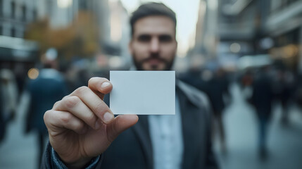 Person Holding Blank Business Card on Busy City Street