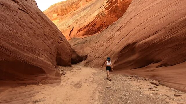 Woman Walking Through Lower Antelope Canyon Beneath Dramatic Natural Light, Arizona