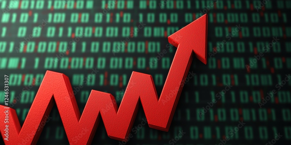 Poster red arrow indicating growth against a backdrop of binary numbers representing data and technology.