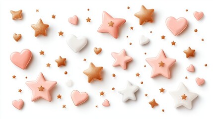 Set of romantic-themed stars and tiny hearts in metallic gold and pink, shiny cut-out design, perfect for card decorations