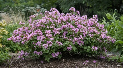 Pink flowers blooming in garden, butterfly, mulch. Use Gardening website