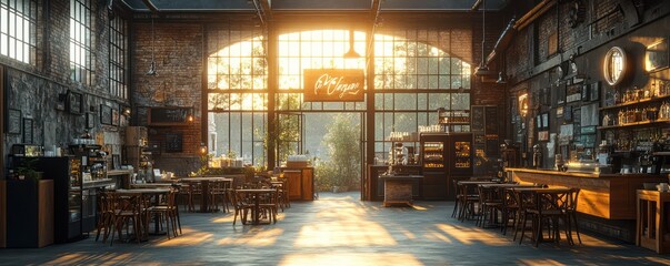 Sunlit Industrial Cafe: A Warm and Inviting Atmosphere