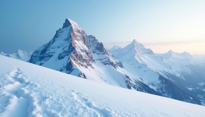 Snowy mountain peak covered in soft white snow with gentle snowfall, frosty, peaceful, serene landscape
