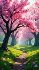 Blooming pink and white cherry blossoms in a forest landscape, nature, green, cherry blossoms