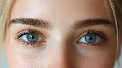 Fototapeta premium Close-up of a young woman's beautiful blue eyes and eyebrows.