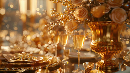 Wedding champagne visualized with a luxurious ambiance with golden tones, highly detailed