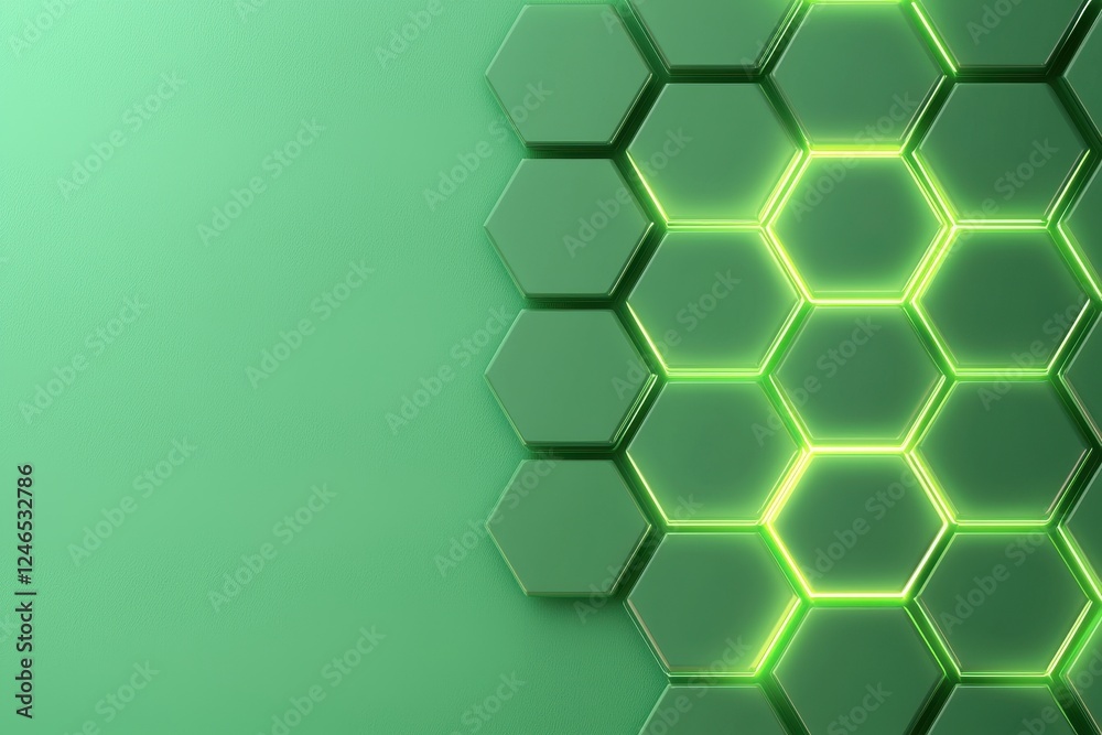 Poster abstract green hexagonal pattern with glowing edges on a textured background.