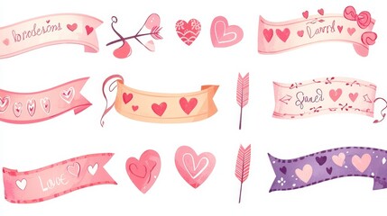 Set of whimsical Valentines ribbons with cartoon-style hearts, arrows, and love phrases, isolated cut out on a pure white background