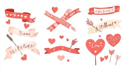 Set of whimsical Valentines ribbons with cartoon-style hearts, arrows, and love phrases, isolated cut out on a pure white background
