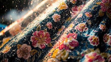 Thai Songkran Festival: Vibrant Floral Fabric with Water Droplets in Motion, Capturing Joy and Renewal