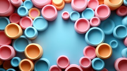 Abstract Colorful 3D Render of Overlapping Circles, Pastel Hues on Blue Background