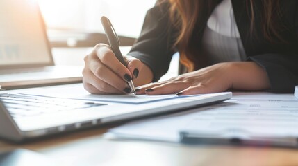 Fototapeta premium Businesswoman using a stylus to write on a digital tablet, with a blurred office background, emphasizing the integration of modern technology in everyday tasks.