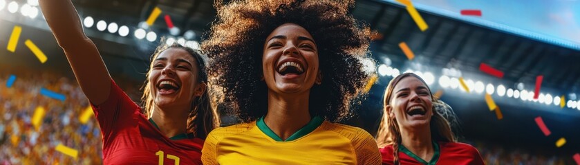 Excited fans cheering for female soccer players in vibrant atmosphere. Joyful expressions and colorful confetti enhance celebration of game