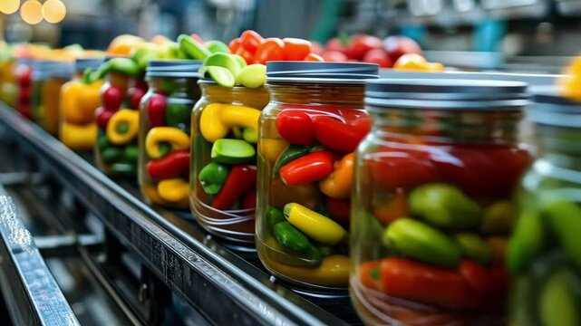 Colorful jars of pickled vegetables on conveyor belt in food processing factory