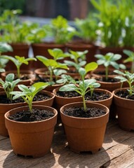 Eco-friendly garden seedlings in biodegradable pots, placed on a wooden surface made from sustainable materials like coconut coir, recycled paper, or bamboo fiber. 