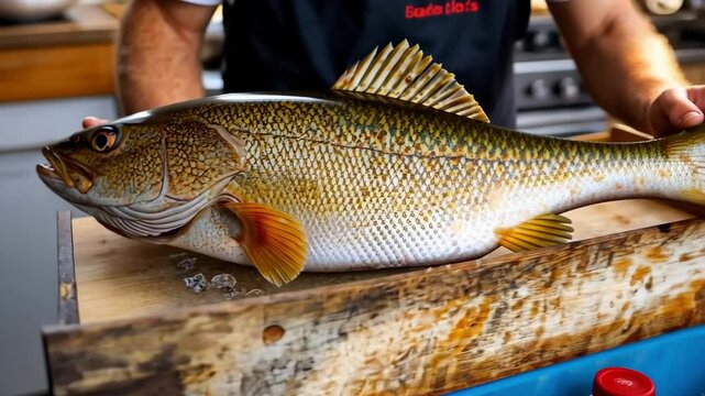 Freshly caught codfish held by fisherman in wooden crate