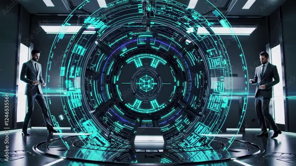 Poster business professionals engage with high-tech holographic interface in futuristic office setting