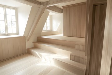 Fototapeta premium Lightwood Loft: A minimalist, Scandinavian-inspired attic room features a simple wooden platform bed, built-in cabinets and a set of stairs leading up to a loft area.