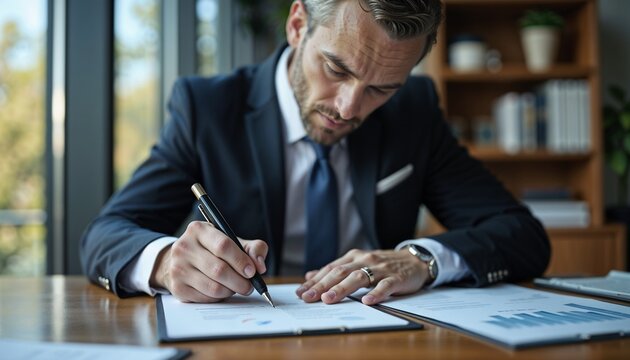Finance director reviewing annual report documents at a desk in a corporate office setting