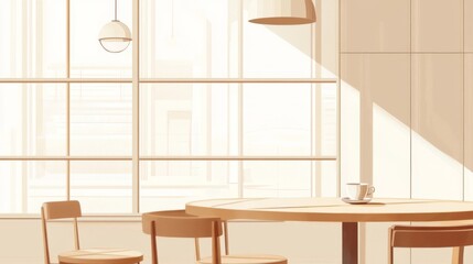 Fototapeta premium Sunny cafe interior, city view, empty table, morning light