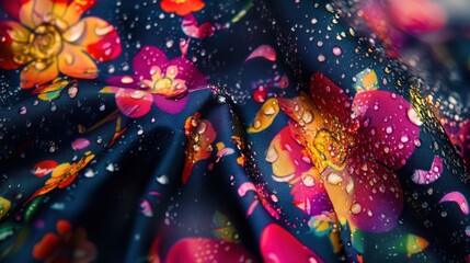 Thai Songkran Festival: Vibrant Floral Fabric with Water Droplets in Motion, Capturing Joy and Renewal
