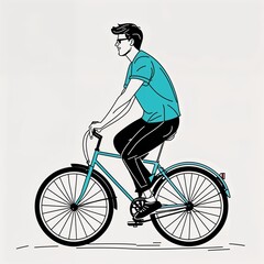 Obraz premium Young Adult Male riding a bicycle image in a simple hand drawing flat line design on plain white background