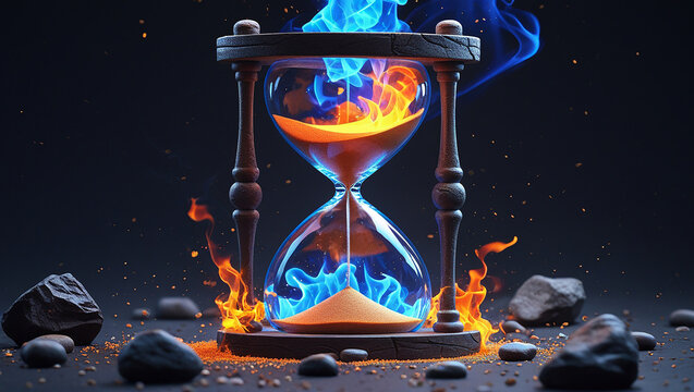 beautiful hourglass of the elements, fire, water, earth, air, copy space