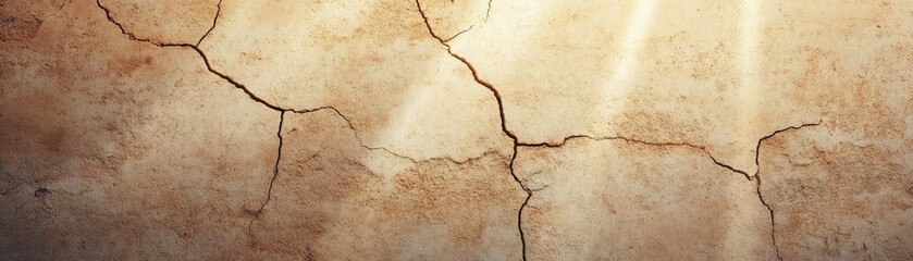 A close-up of cracked wall texture showcasing natural aging and wear with warm earthy tones in soft lighting.