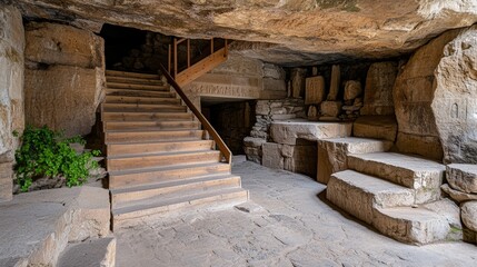 Discover the Alluring Beauty of the Stone Building With Staircase Leading to Enigmatic Frozen Glacier Caves Surrounded by Diverse Rock Formations