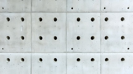 Perforated concrete wall with circular holes arranged in a geometric pattern