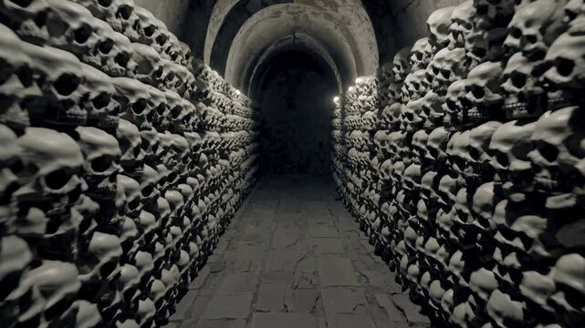Exploring the eerie catacombs with rows of stacked skulls in an ancient burial site at night