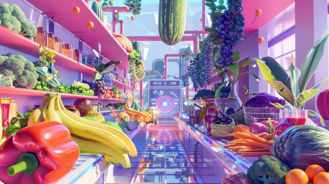 Zero waste grocery shopping with a futuristic touch and innovative designs, highly detailed and vibrant, realistic yet creative depiction, emphasizing context and action