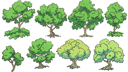 A collection of trees in various sizes and shapes, including a large tree with a thick trunk and many branches