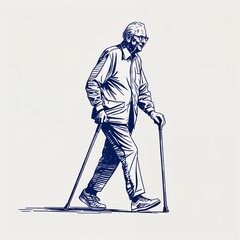 Fototapeta premium Senior Man Walking with Cane image in a simple hand drawing flat line design on plain white background