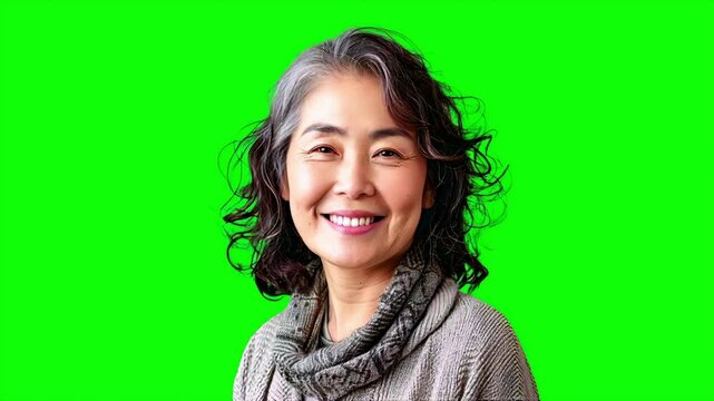 Smiling Senior Japanese Woman on Green Screen