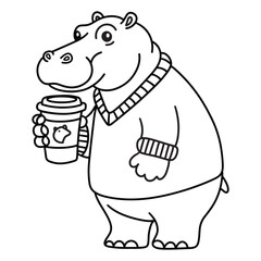 Line art of hippo holding a coffee cup cartoon vector