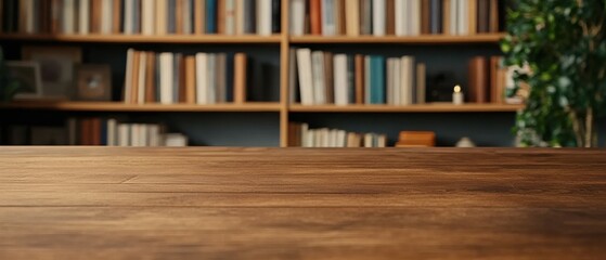 A wooden table in the foreground with a blurred bookshelf filled with books and a plant in the background, creating a cozy study atmosphere.