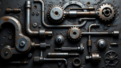 A detailed illustration of industrial machinery with rusted pipes and gears against a dark background.