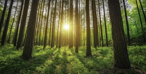 Panoramic landscape of pine and spruce tree trunks, dense green vegetation in the springtime at sunrise 