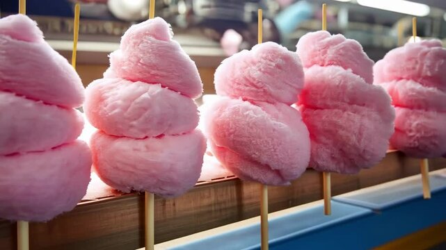 Fluffy pink cotton candy in a row on production line