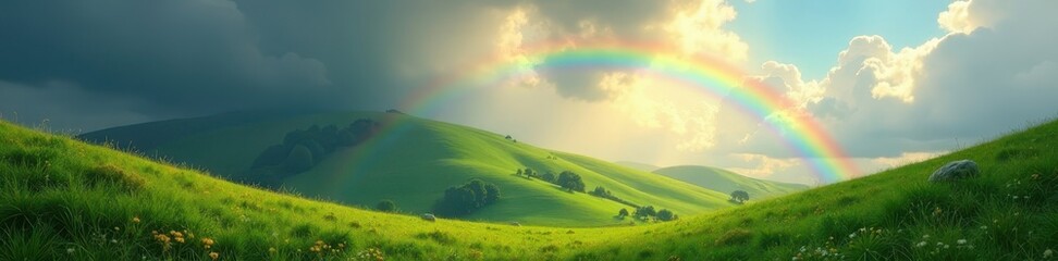 Obraz premium Rainbow arcing over lush green hill, pot of gold nestled beneath , arc, field